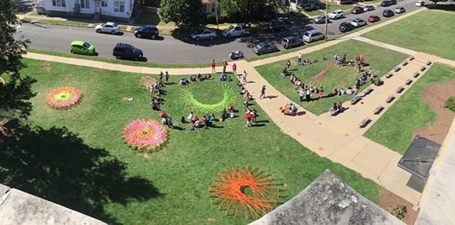 Students working on a Craft Art Field Day mandala at Andrew G. Curtin Intermediate School in Williamsport, PA
