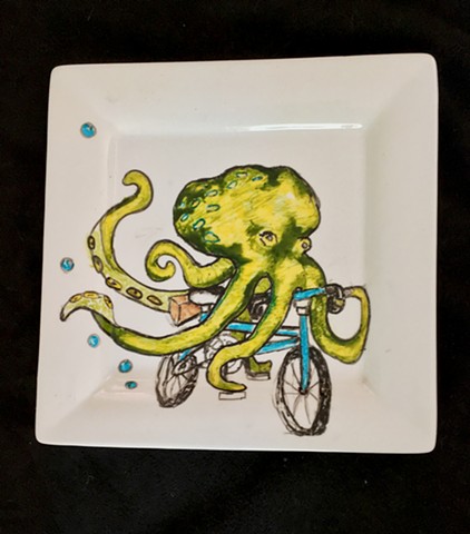 Octopus on Bike Ceramic Plate