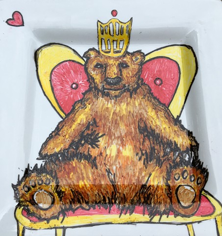 Custom Ceramic Plate Painting - Bear Queen of Hearts
