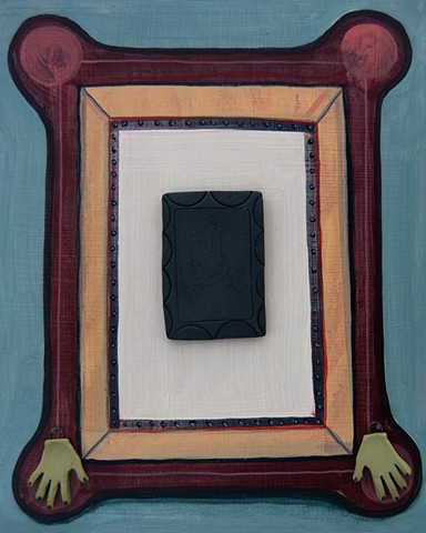 Painting of a frame  around a porcelain design, with porcelain hands hanging down