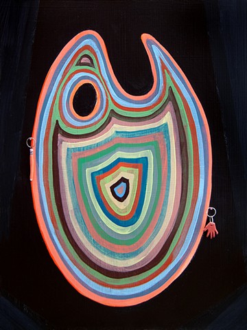 acrylic painting of a striped palette with porcelain charms