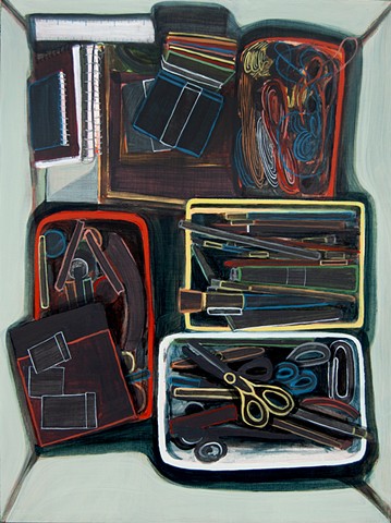 Painting of interior of a box filled with outlines by Jordan Buschur