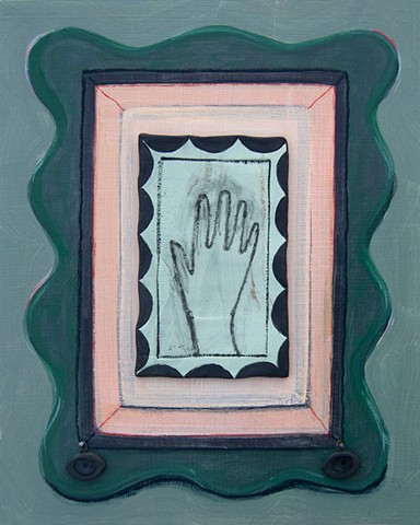 painting of a frame  around a porcelain design with a hand, with porcelain eyes hanging down