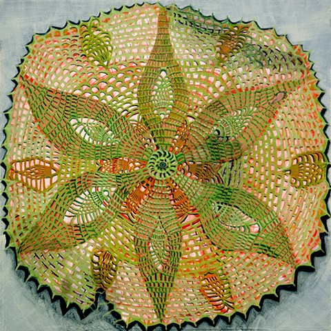 Painting of green crochet textile by Jordan Buschur