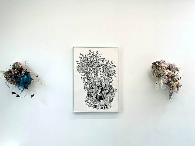 (left)Shapeshifter, sculpture by Alicia Renadette, (center)framed drawing by Maggie Nowinski, (right) Memory Complex, sculpture by Alicia Renadette