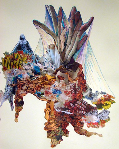 mixed media drawing using collaged images of sculptural details and colored pencil