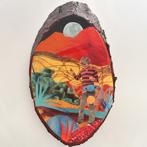 Otherworldy Landscapes Series. Paper collage on recycled wood.