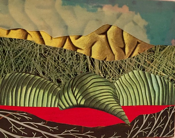 Part of my Otherworldly Landscapes Series. Paper collage, plastic and acrylic on recycled wood. 