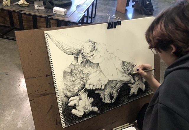 In studio, in process ink drawing