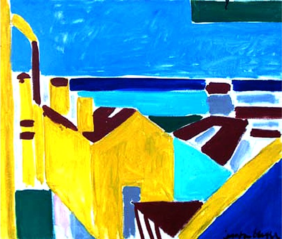 Lisbon Harbor, Blue Line Horizon and Yellow Buildings 