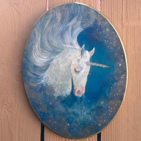 horse art, equestrian, unicorn, fantasy art, oil painting on wood, oval