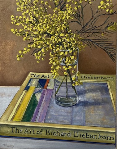 Richard Diebenkorn, Mimosa flowers, Ocean Park series, flowers in a vase, still life, hydrangeas, floral, greeting cards, flower arrangement, California coast, Juliet David Austin garden rose, Malibu art,  Art studio Los Angeles, still life painting of flowers, California art, floral design Los Angeles, California lifestyle, orchid arrangem