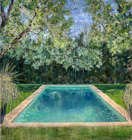 tranquil waters, peaceful meditative garden design, California art, pool painting inspired by the work of Helen Frankenthaler, David Hockney and Jennifer Bartlett