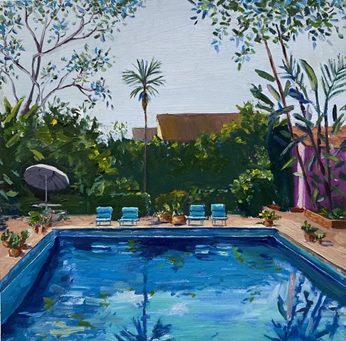 Pool painting of a private residence in the Santa Monica Canyon. The bright reflections on the pool echo a calm and inviting feeling of relaxation. 