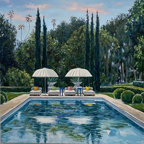Beverly Hills, pool umbrellas, Paola lenti, pool painting inspired by David Hockney and his paper pools series in Los Angeles. Contemporary art. tropical garden. California art, Swimmer, Lake Como,retreat