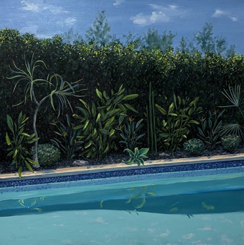 Pool, pools, poolside, sun deck, native drought tolerant plants, pool painting, California style, David Hockney, eric fischl