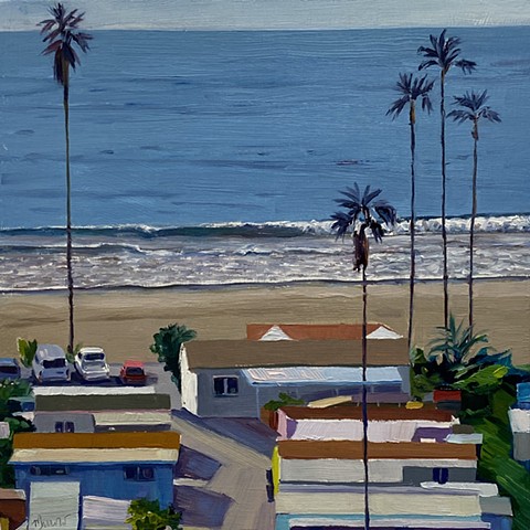 colorful beach houses, Swimming pools. tropical escape. California living.mobile home park painting, MHP, villa, trailer park, Southern California art, plein air painting 