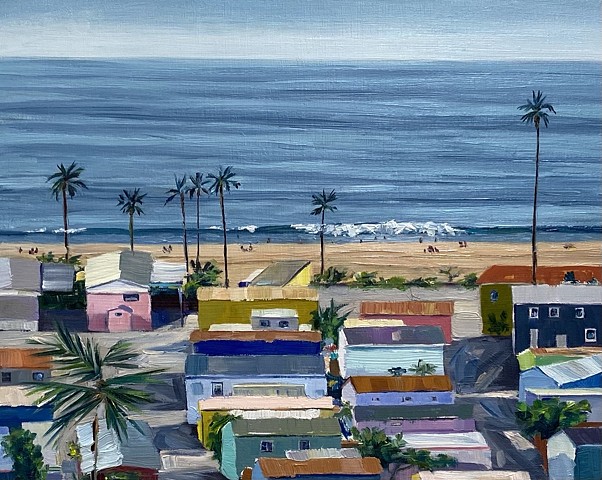 Mobile home, California coast, beach painting, coastal living, manufactured houses, prefab, modern art, contemporary painting