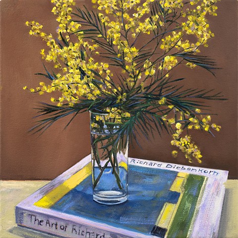 #californiaart #Diebenkorn #Bookclub, #readinglist #californiainteriors #Malibuart #mimosa #Flowersinvase, #vasearrangement, #bouquet 