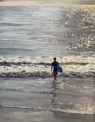 surfer painting, surfer art, california beach painting, palisades trailer park, marisa murrow, los angeles landscape, coastal living, Mobile homes, palisades fires, mobile home park palisades, Malibu fires,“mid-century mobile home painting,