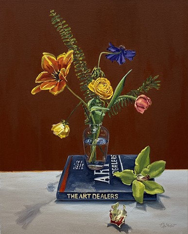 Flowers in a vase, still life painting, Los Angeles art scene, ranunculus, orchids in a vase, California lifestyle, orchid arrangement, interior styling, Magritte, California interior design, French still life,  Monet, dayinthecountry, still life painting