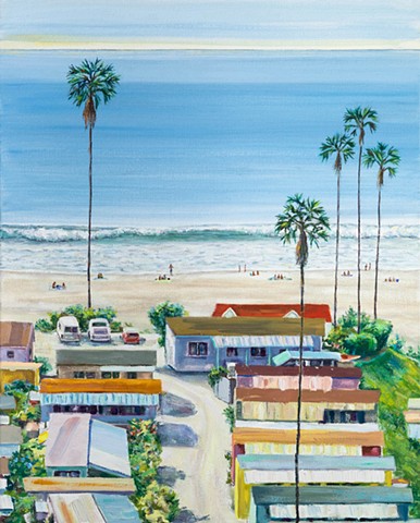 California coastal painting  Pacific Palisades art  Mobile home park painting  Contemporary landscape painting  Beachside trailer park  Marisa Murrow artwork  West Coast nostalgia art  Ocean view painting  California lifestyle art  Los Angeles beach scene  Summer beach painting  Representational oil painting  Seaside community artwork  Coastal resilience art  Colorful California homes