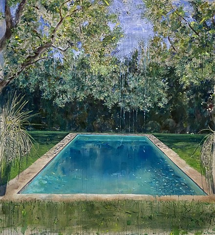 pool painting inspired by the work of Helen Frankenthaler and Jennifer Bartlett, California pool, sunbathing, swimming, peaceful pool, LA pool,  