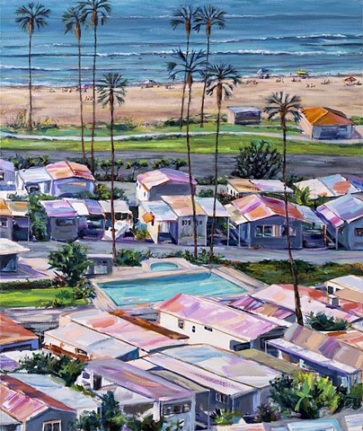 mobile home, beach painting, villa, coastal cottage, mobile home investor, route66, tinyhouse, landscape painting, tiny house, coastal living, prefab, palm tree painting, trailer park, Tahitian Terrace, Pacific Palisades, California, PCH, modern art, land