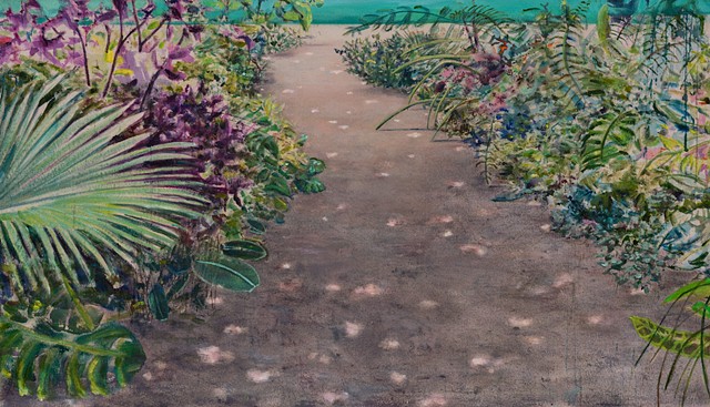 pool, Beverly Hills Pool, painting of pool, Palm Springs, Beverly Hills pool, pool paintings, retro style, midcentury decor, Southern California native plants, palm trees, reflections, Santa Monica canyon, contemporary art, David Hockney inspired, Art Los Angeles