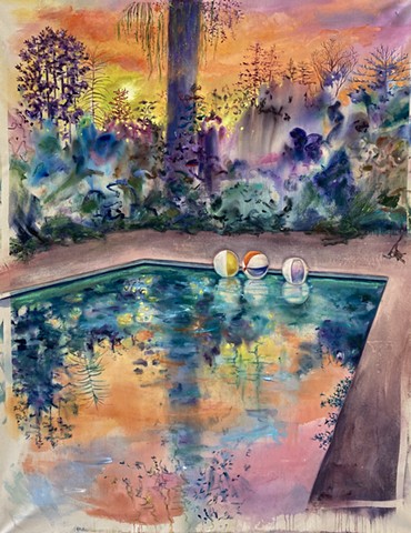 swimming pool, glamorous painting, pool painting inspired by the work of Helen Frankenthaler and Jennifer Bartlett, California pool, sunbathing, swimming, peaceful pool, LA pool,  