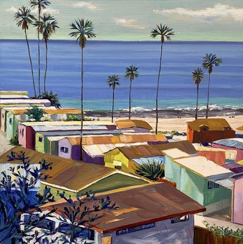 Mobile home, beach houses, Americana, american west, tiny house, landscape painting, tiny house, coastal living, palm tree painting, trailer park, Tahitian Terrace, Pacific Palisades, California, PCH, modern art, landscape painting, americana, trailer par