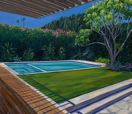 commissioned painting, california pool, pool design, pool, Beverly Hills Pool, painting of pool, Palm Springs, Beverly Hills pool, pool paintings, retro style, midcentury decor, Southern California native plants, palm trees, reflections, Santa Monica canyon, contemporary art, David Hockney inspired, Art Los Angeles