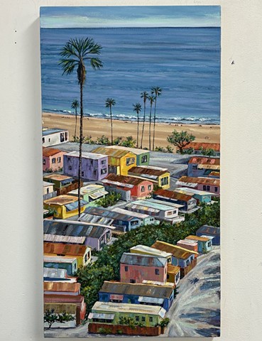 Colorful beach houses,Pacific Coast town, Pacific Palisades.Mobile home park investor, california real estate, oceanfront property, prime real estate, art collector, maritime, luxury goods, california, prefab, tiny house