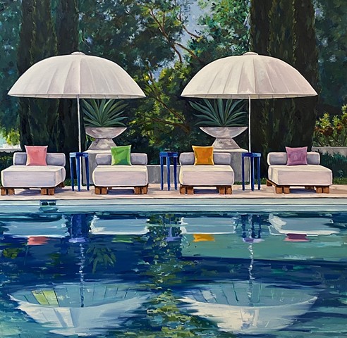 Contemporary art, modern landscape, cypress, relaxation, retreat, sunbathing, romantic, poolscape, Pool painting, colorful pillows