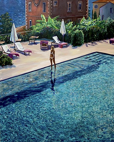 Lake Como, Italy, Luxury vacation, Pool painting inspired by David Hockney and his paper pools series in Los Angeles. Contemporary art. tropical garden. California art, Swimmer, Lake Como,retreat