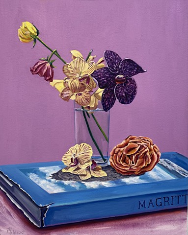 flowers in a vase, Art studio Los Angeles, still life painting of flowers, California art, floral design Los Angeles, California lifestyle, orchid arrangement, interior styling, Magritte, California interior design, French still life,  Monet, dayinthecoun