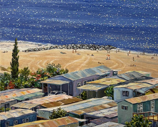 California coastal painting  Pacific Palisades art  Mobile home park painting  Contemporary landscape painting  Beachside trailer park  Marisa Murrow artwork  West Coast nostalgia art  Ocean view painting  California lifestyle art  Los Angeles beach scene  Summer beach painting  Representational oil painting  Seaside community artwork  Coastal resilience art  Colorful California homes