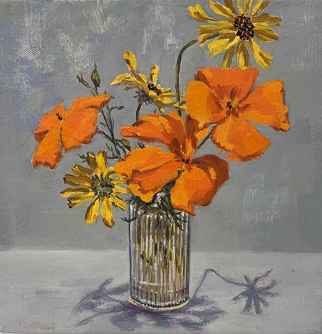 flowers in a vase, still life, hydrangeas, California poppies, superbloom, floral, greeting cards, flower arrangement, California coast, Juliet David Austin garden rose, Malibu art,  Art studio Los Angeles, still life painting of flowers, California art, floral design Los Angeles, California lifestyle, orchid arrangem