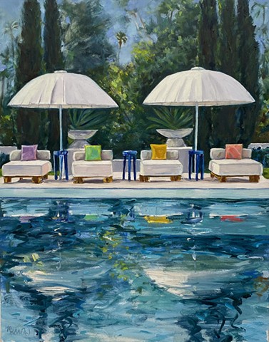 pool, Beverly Hills Pool, painting of pool, Palm Springs, Beverly Hills pool, pool paintings, retro style, midcentury decor, Southern California native plants, palm trees, reflections, Santa Monica canyon, contemporary art, Art Los Angeles