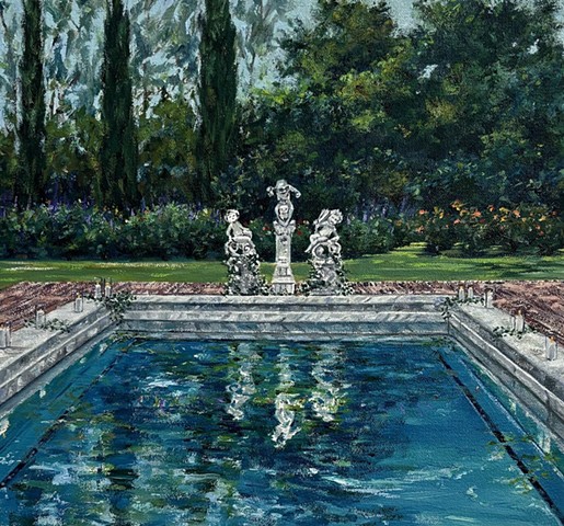 California garden painting, Los Angeles estate art, plein air pool painting, classical sculpture art, luxury estate oil painting, representational California artist, historic garden oil painting, romantic poolside art, lush garden landscape painting, cinematic California painting, Marisa Murrow, collectible California art, art for interior designers, art for collectors, gallery quality landscape painting