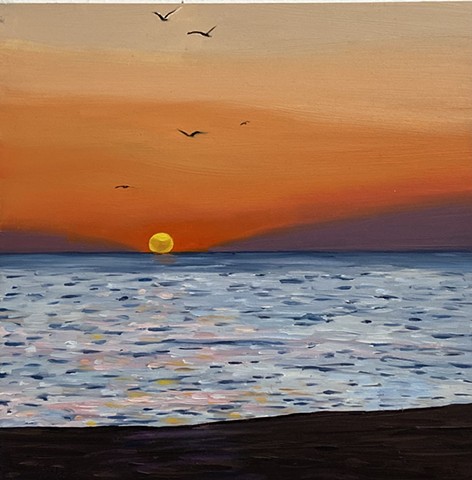 Painting of Temescal beach at sunset from the bike path in the Pacific Palisades 