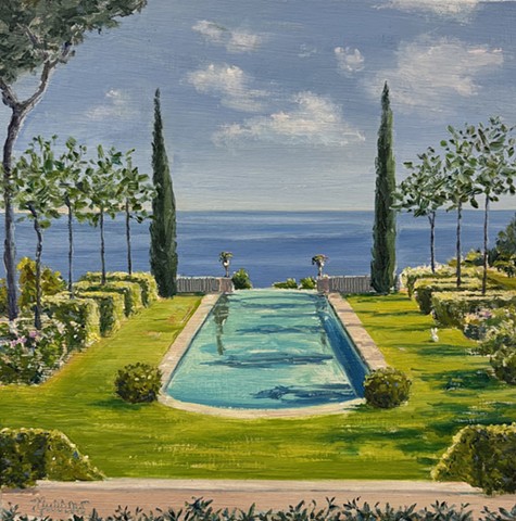 south of France, Mediterranean, pool, Beverly Hills Pool, painting of pool, Palm Springs, Beverly Hills pool, pool paintings, retro style, midcentury decor, Southern California native plants, palm trees, reflections, Santa Monica canyon, contemporary art, David Hockney inspired, Art Los Angeles