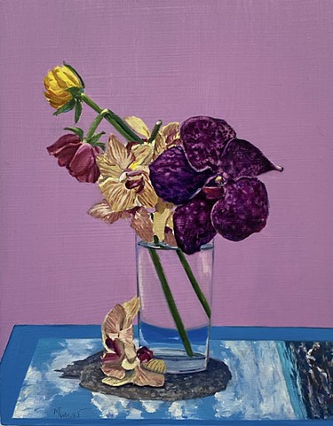 Flowers in a vase, Art studio Los Angeles, still life painting of flowers, California art, floral design Los Angeles, California lifestyle, orchid arrangement, interior styling, Magritte, California interior design, French still life,  Monet, dayinthecoun