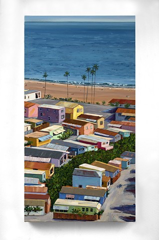 Colorful beach houses line the Pacific Coast town, Pacific Palisades.