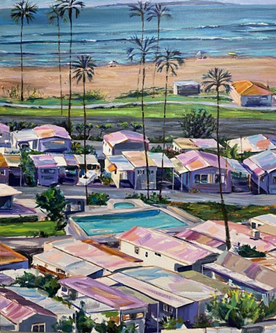mobile home, beach painting, villa, village, mobile home investor, route66, tinyhouse, landscape painting, tiny house, coastal living, palm tree painting, trailer park, Tahitian Terrace, Pacific Palisades, California, PCH, modern art, landscape painting, 