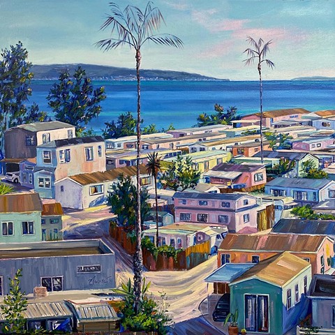 colorful beach houses, mobile home art, mobile home park painting, MHP, villa, trailer park, Southern California art, plein air painting 