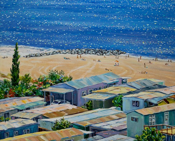 California coastal painting  Pacific Palisades art  Mobile home park painting  Contemporary landscape painting  Beachside trailer park  Marisa Murrow artwork  West Coast nostalgia art  Ocean view painting  California lifestyle art  Los Angeles beach scene  Summer beach painting  Representational oil painting  Seaside community artwork  Coastal resilience art  Colorful California homes