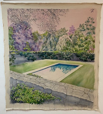 pool painting inspired by the work of Helen Frankenthaler and Jennifer Bartlett, California pool, sunbathing, swimming, peaceful pool, LA pool,  