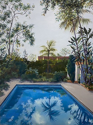 Pool, Spanish style decor, Southern California native plants, palm trees, reflections, Santa Monica canyon, contemporary art, Art Los Angeles