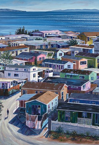 California Mobile home park painting, tiny house, tiny house nation, mobile home art, trailer park, mobile home investing, bright and colorful coastal landscape